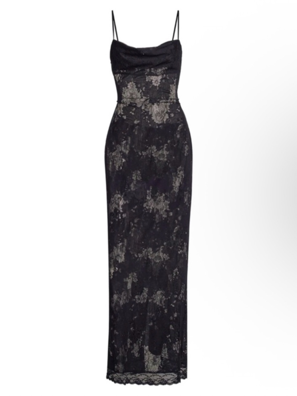I.AM.GIA Leon Maxi Dress Floral Lace Black xs cowel neckline gown sheer